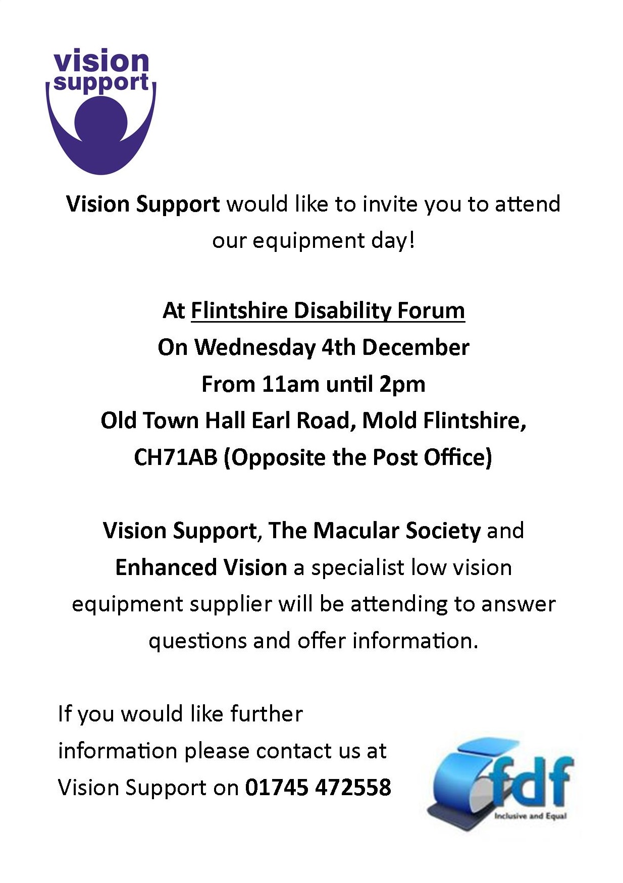 Poster for Flintshire Disability Forum technology day event on Wednesday 4th December, from 11am til 2pm
