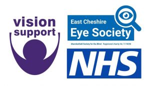 Vision Support, East Cheshire Eye Society and NHS logo.