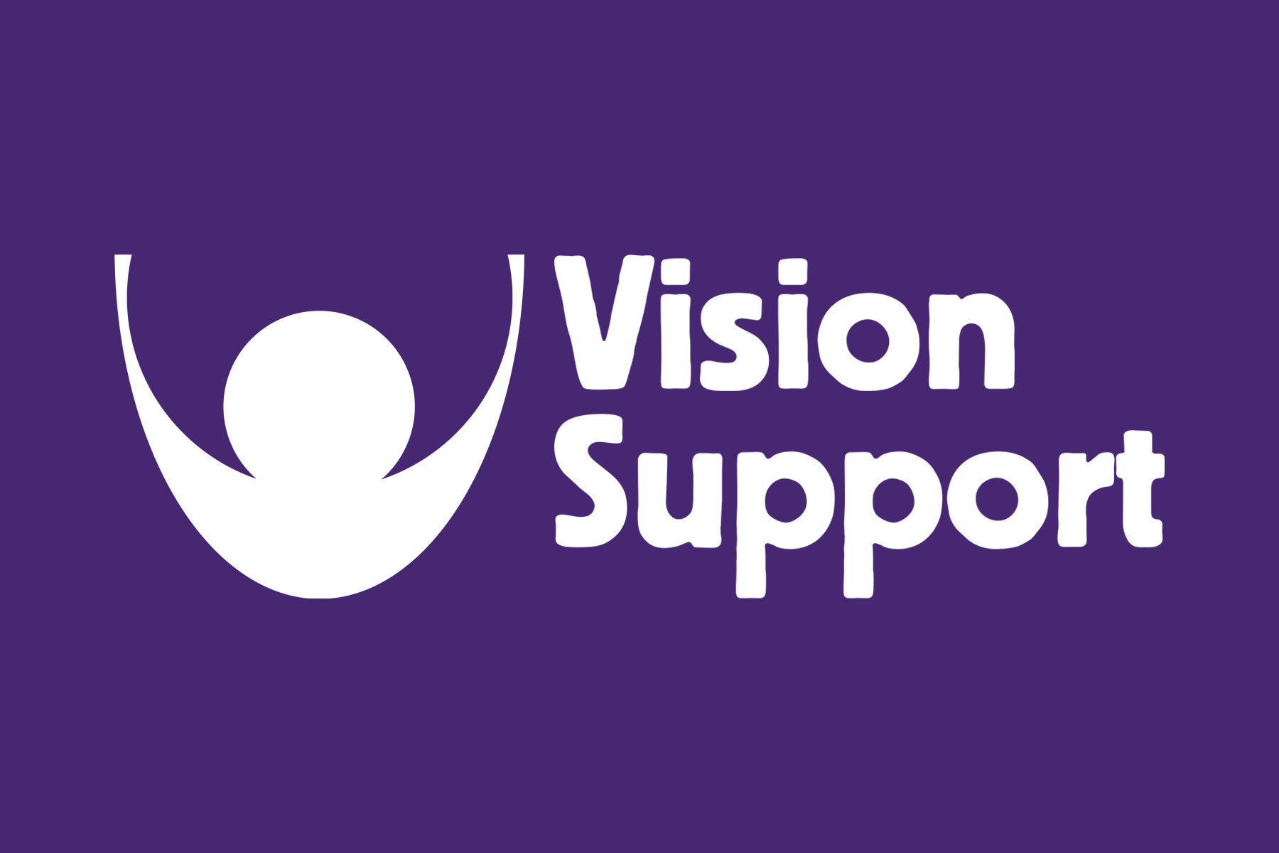 Vision Support logo in white with a U-shaped curve with a circle in the centre and text on a purple background.