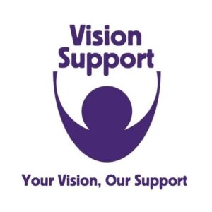 Vision Support logo featuring the text 'Vision Support' in bold purple font above a stylized abstract shape with a circle in the centre. Below the logo, the slogan reads, 'Your Vision, Our Support,' in purple text.