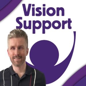 Matt is pictured with short, light-colored hair and a neatly trimmed beard, smiling. He is wearing a black polo shirt with white and red detailing. His picture is positioned on the left side of the image and the background is white with purple accents, prominently displaying the Vision Support logo, which consists of bold purple text above an abstract figure. The design includes curved purple elements framing the top left and bottom right of the image