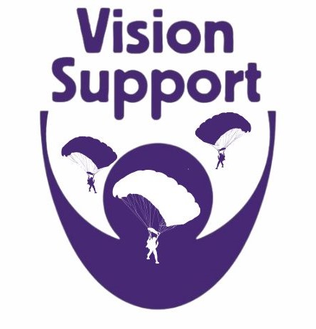 Vision Support Logo with images of people skydiving superimposed on top of it
