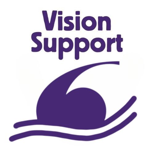 Vision Support Logo turned on its side and waves added to simulate the look of a person swimming