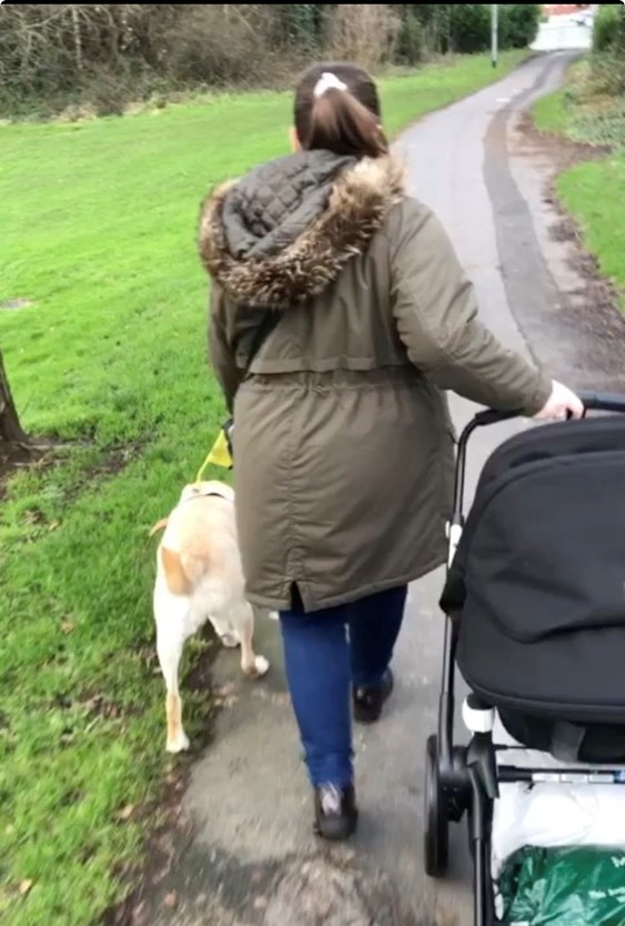 Dawn wearing a green coat with a fur-trimmed hood walks along a paved path while pushing a pram and holding the lead of a light-coloured guide dog beside her. The path runs through a grassy area with trees and hedges on either side.