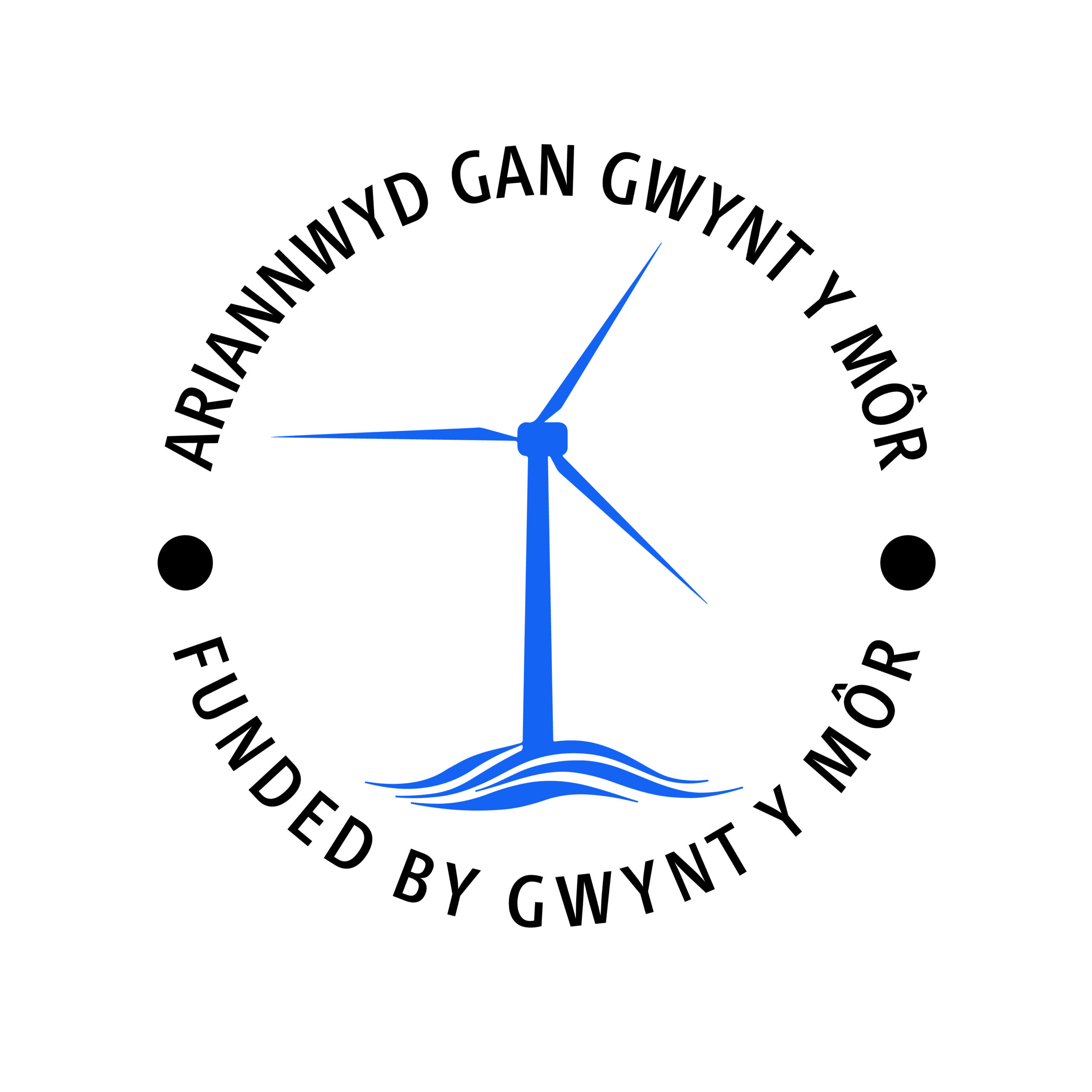 Gwynt Y Mor LOGO LARGE Logo for the Gwynt y Môr Fund. A blue wind turbine stands above stylised blue waves, surrounded by circular text reading “ARIANNWYD GAN GWYNT Y MÔR” and “FUNDED BY GWYNT Y MÔR”, separated by two dark dots.